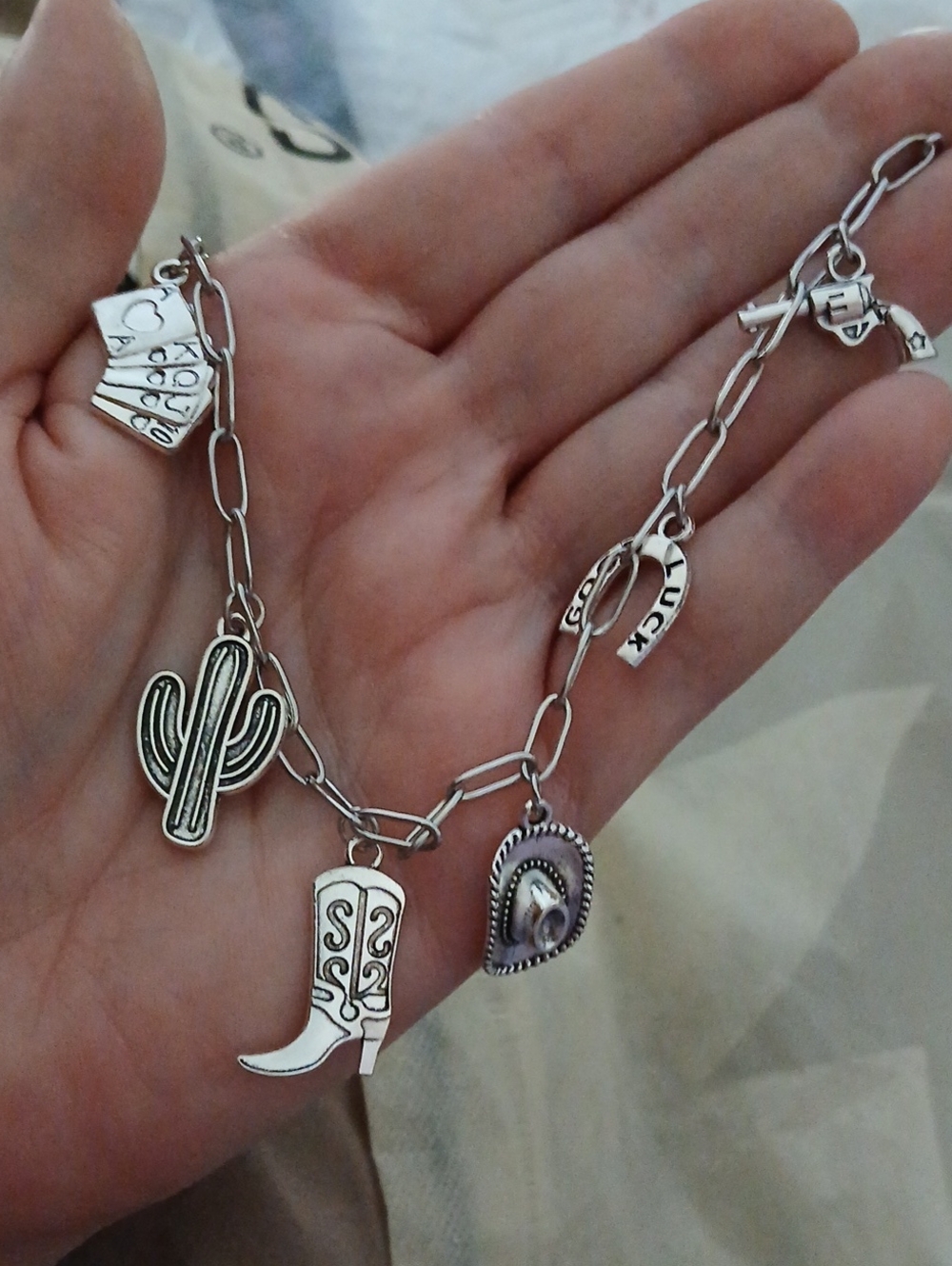 Western Charm Silver-Tone Charm Necklace- Cactus & Cowboy Boot
